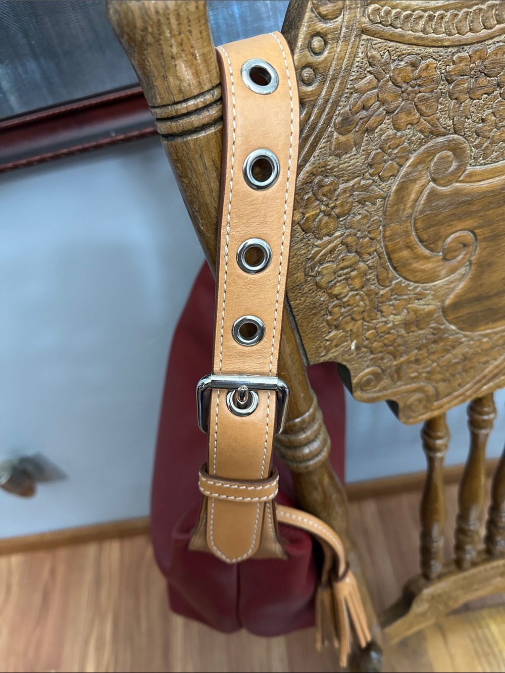 Dooney & Bourke Red Pebble Leather Hobo with Tan Trim - Picture 3 of 7